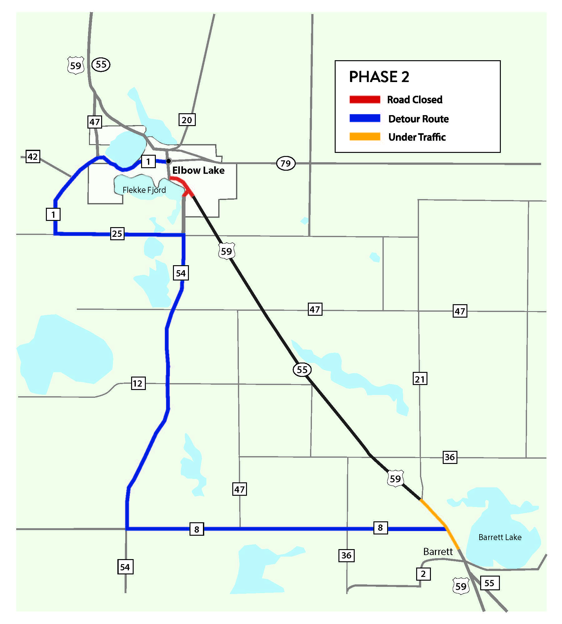 Hwy 55 project map Map shows construction at CR 54 intersection (closed) with detour extended to CR 1/Division St and CR 25. Work under traffic between CR 21 and Barrett.